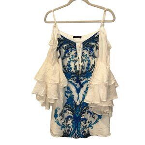 Caffe SWIM 100% SILK indigo blue flutter cold shoulder sleeve tunic COVER top S